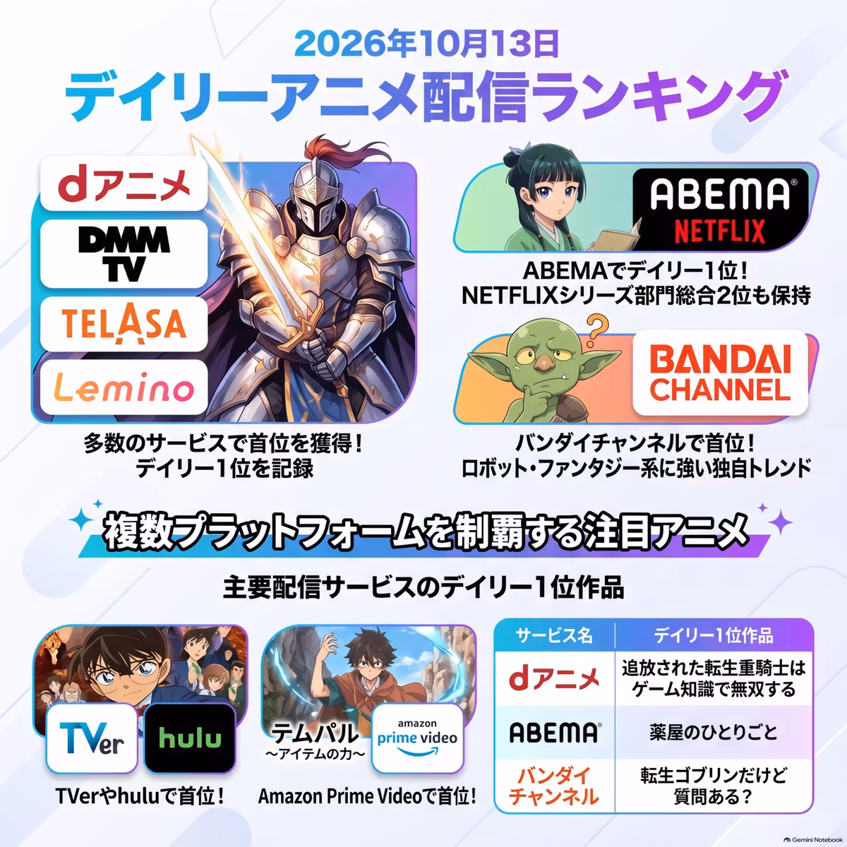 2026/10/13 - Daily SVOD Anime Ranking｜ゲーム転生アニメが配信ランキングを席巻