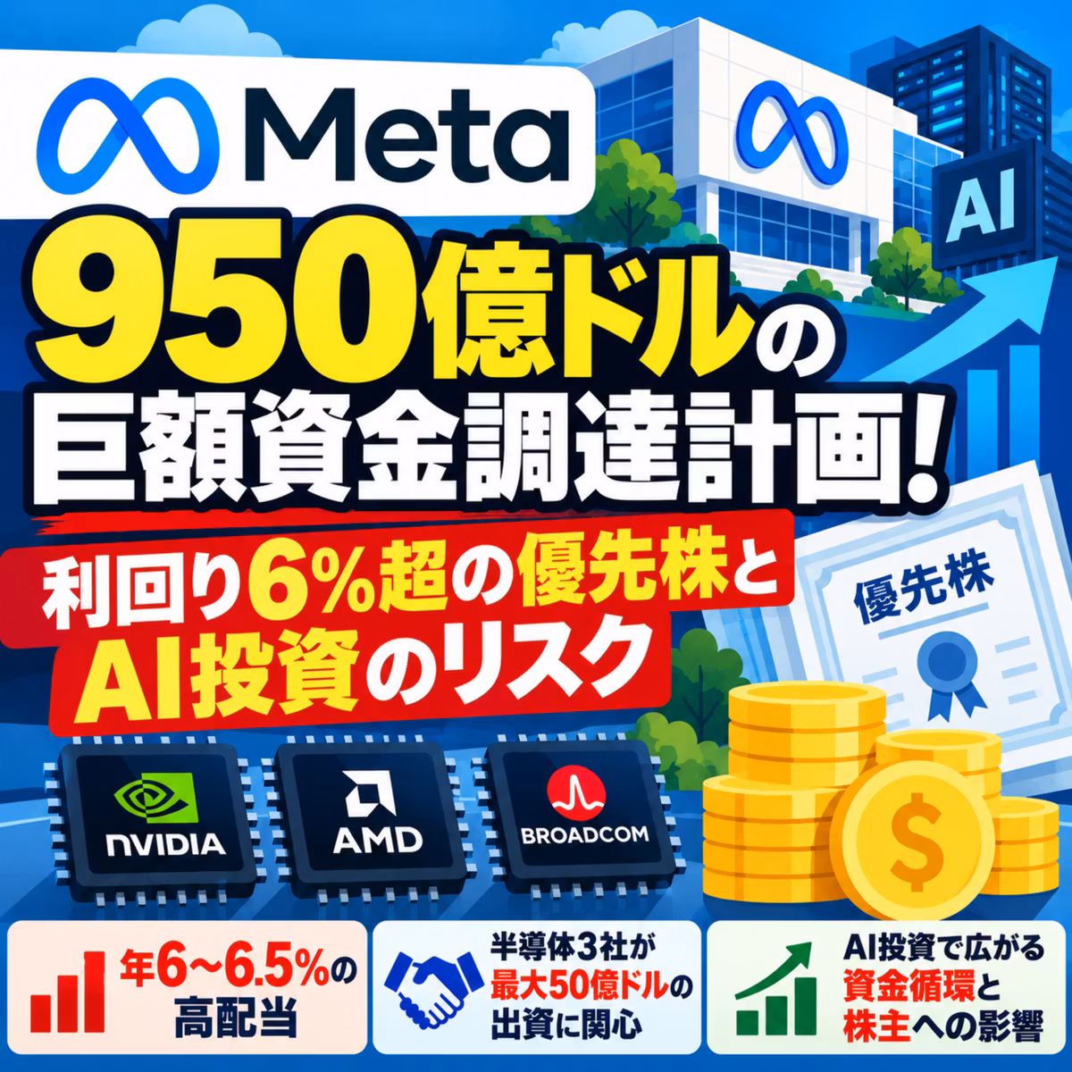メタが950億ドルの巨額資金調達！利回り6%超の優先株とエヌビディア出資の狙い【米国株Podcast】