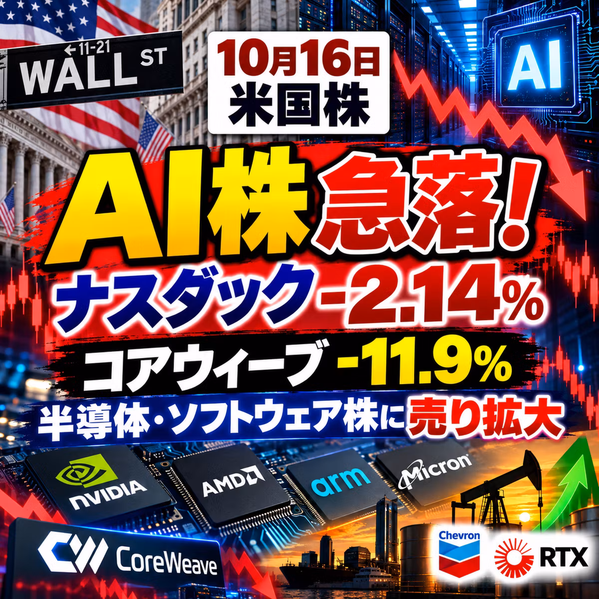 【米国株10/16】AI株急落！コアウィーブ-11.9%、ナスダック-2.14%｜半導体・ソフトウェア株に売り拡大