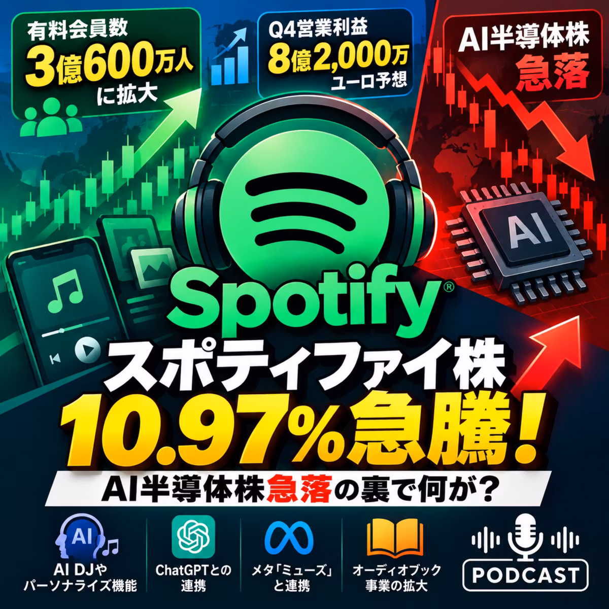 【スポティファイ株10.97%急騰】AI半導体株急落の裏で何が？有料会員3億人突破とAI成長戦略｜2026年Q3決算