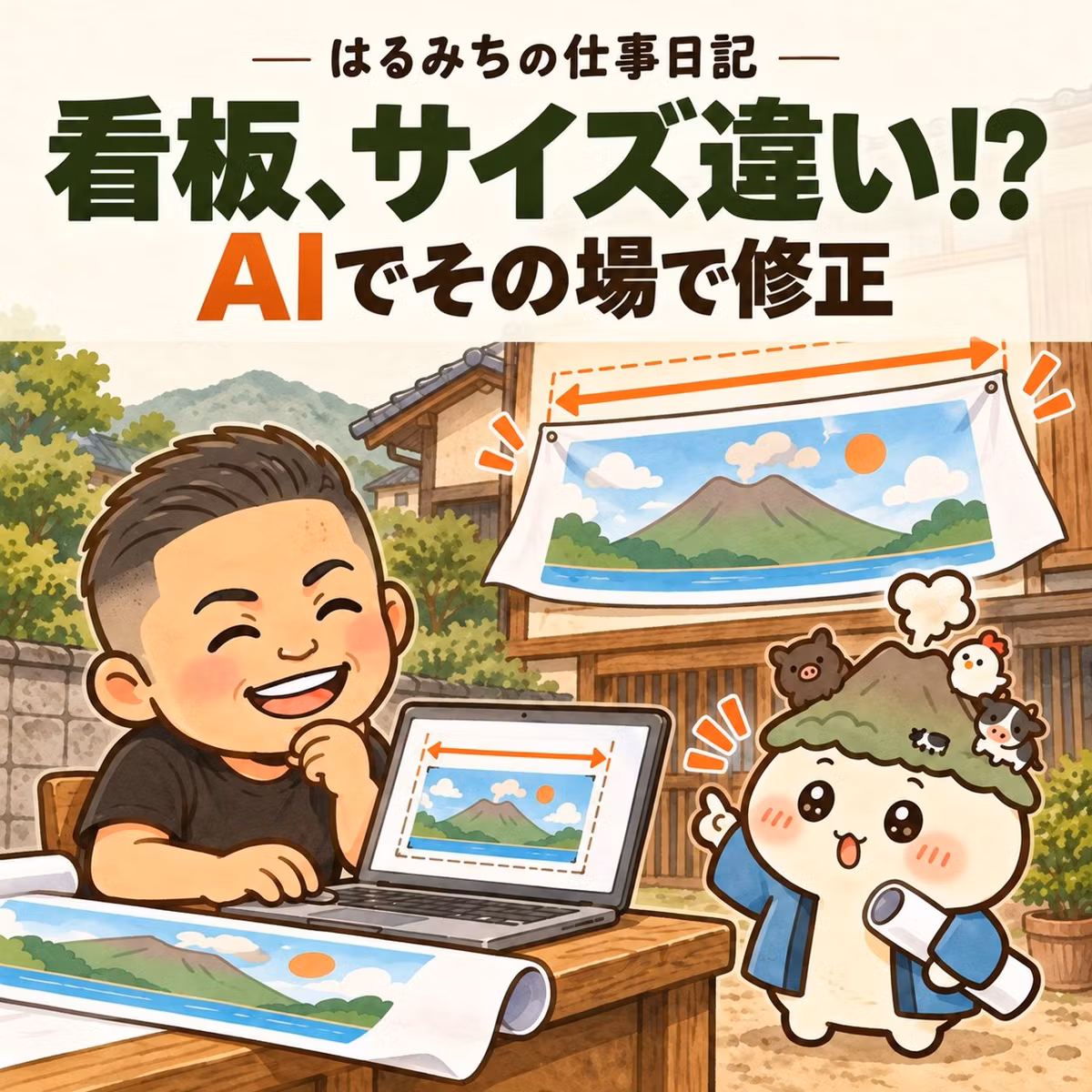 古い家の壁を広告に。看板のサイズ違いをAIで直した日