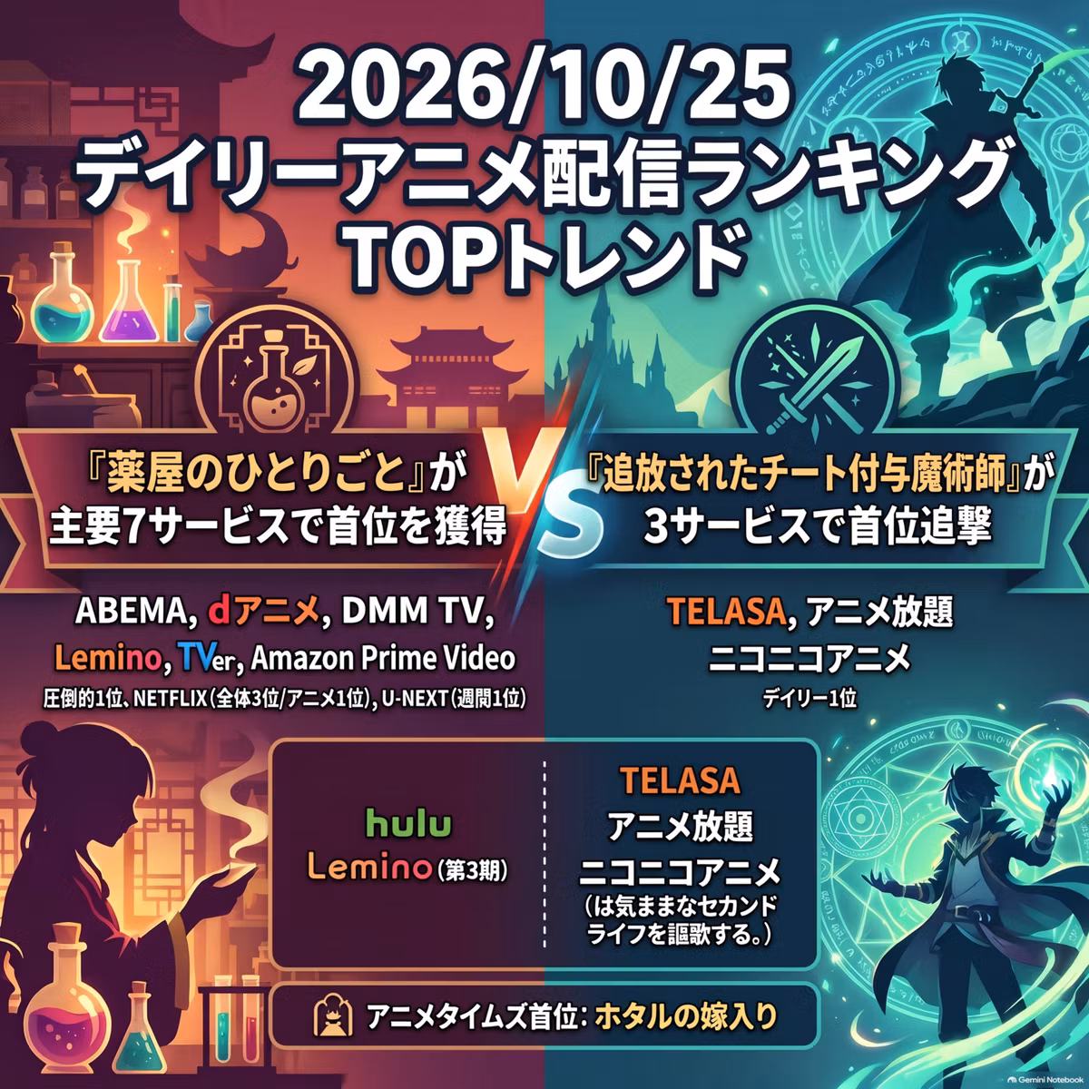 2026/10/25 - Daily SVOD Anime Ranking｜薬屋のひとりごととチート付与魔術師の首位争い