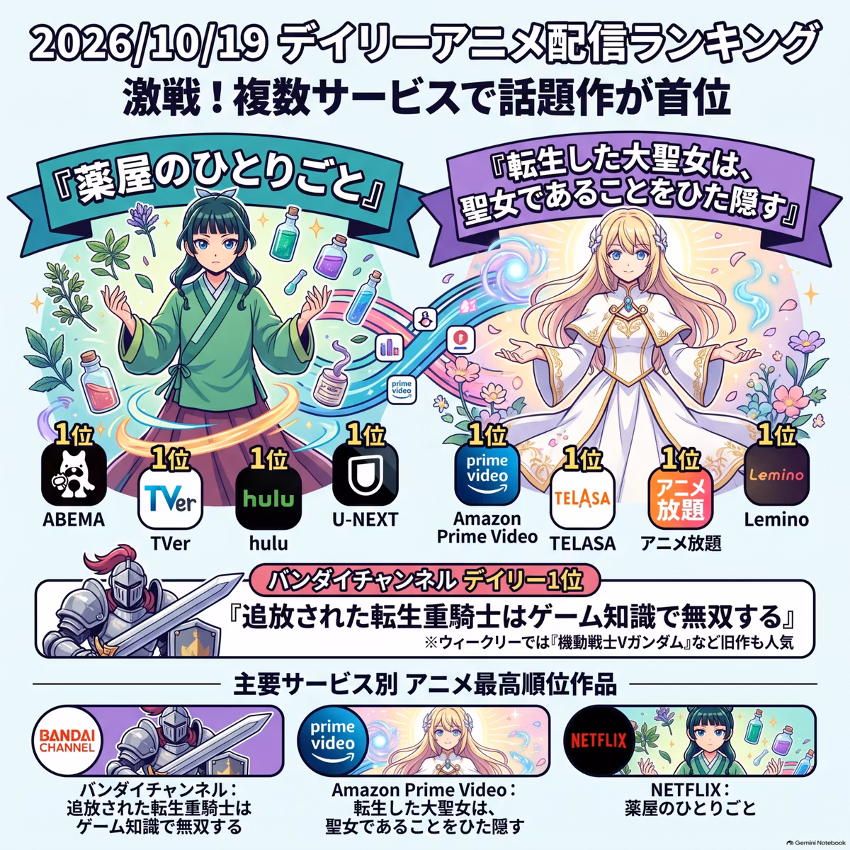 2026/10/19 - Daily SVOD Anime Ranking｜配信14社から見えた秋アニメ覇権3作品