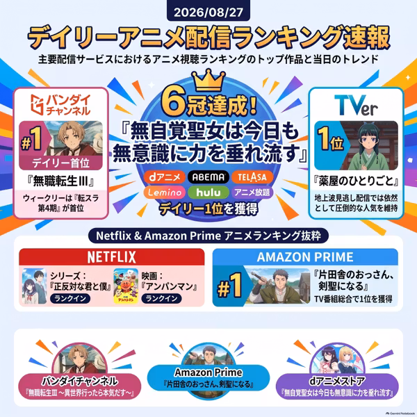 2026/08/27 - Daily SVOD Anime Ranking｜無自覚聖女が全サイト同時1位の理由