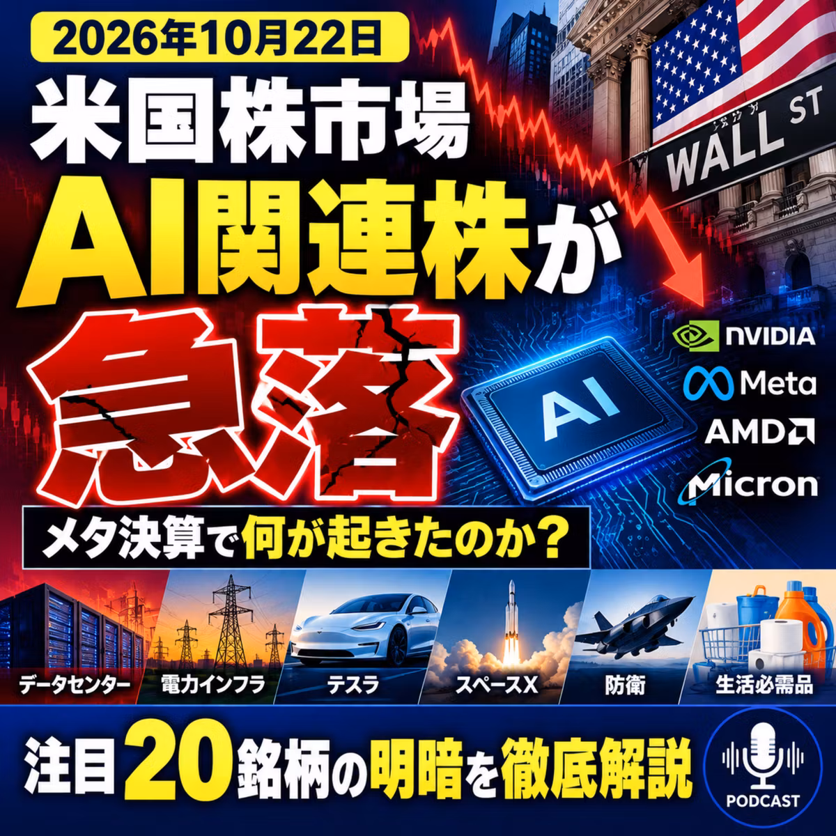 【米国株急落】ナスダック2.6%安！メタ決算でAI関連株が崩壊？エヌビディア・AMDなど20銘柄の明暗を徹底解説【10月22日】