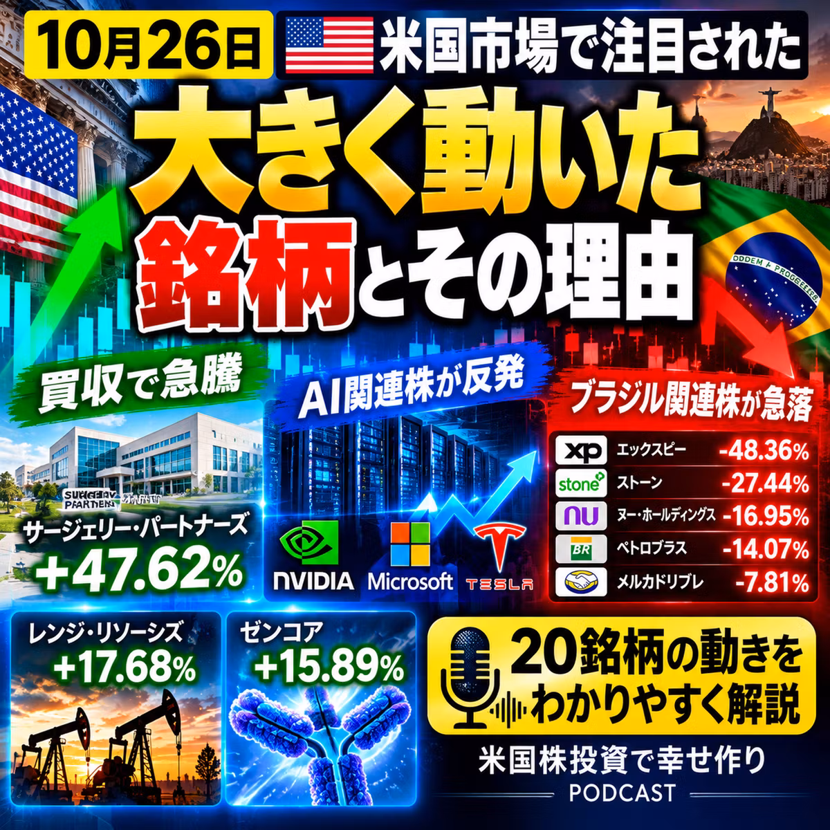 【米国株】+47.62%急騰と-48.36%暴落！AI株反発の裏で何が起きた？10月26日注目20銘柄