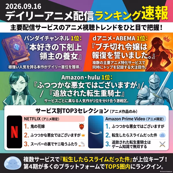 2026/09/16 - Daily SVOD Anime Ranking｜水曜に1位へ躍り出たアニメ