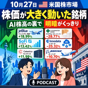 米国株で28.77％急落！AI株高の裏で明暗、ソーファイ＋13.42％・イノデータ－25.32％【10月27日】