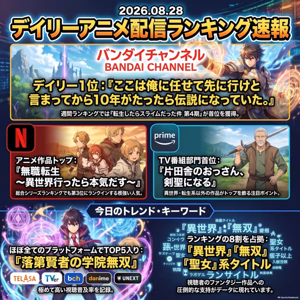 2026/08/28 - Daily SVOD Anime Ranking｜無自覚聖女が6サイトで1位を奪取