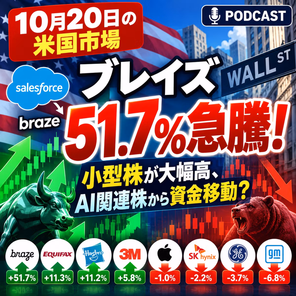 【米国株】ブレイズ51.7%急騰！小型株が大幅高、AI関連株から資金移動？｜10月20日の米国市場