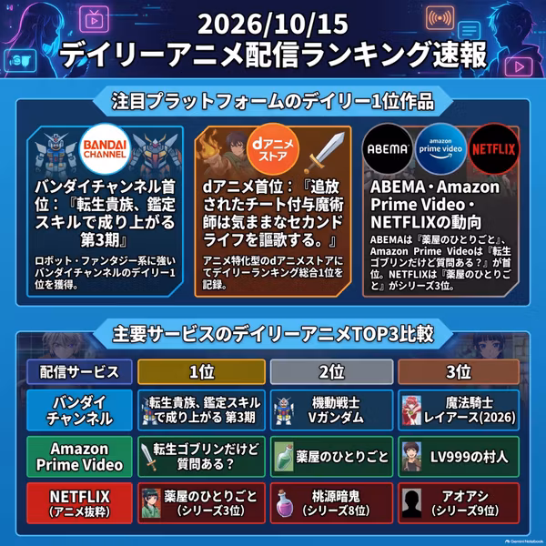 2026/10/15 - Daily SVOD Anime Ranking｜薬屋のひとりごとが全配信で勝つ理由