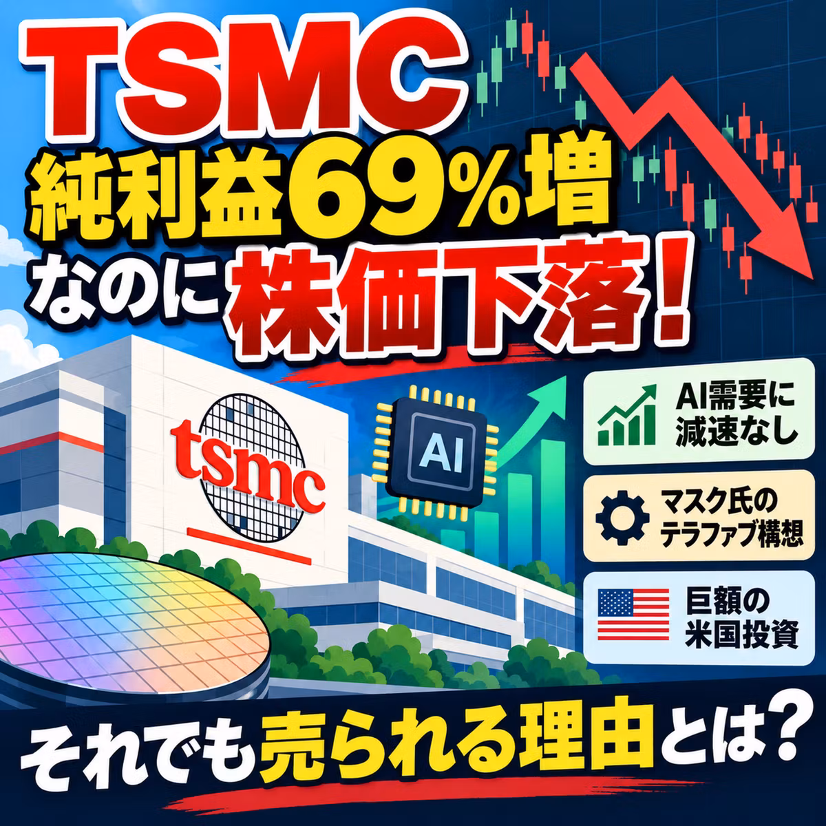 TSMC純利益69%増なのに株価下落！AI需要に減速なし、それでも売られる理由とは？