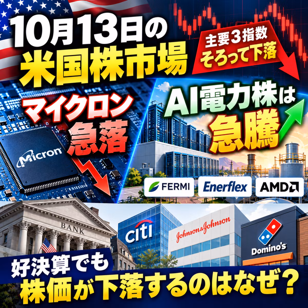半導体株に異変！マイクロン急落、AI電力株は急騰｜10月13日の米国株