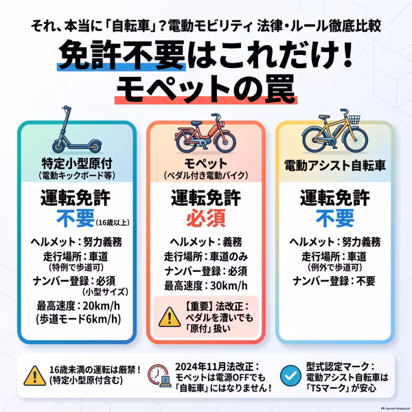【交通ルール解説】特定小型原付とモペット（ペダル付き電動バイク）の違いと違反防止ポイント