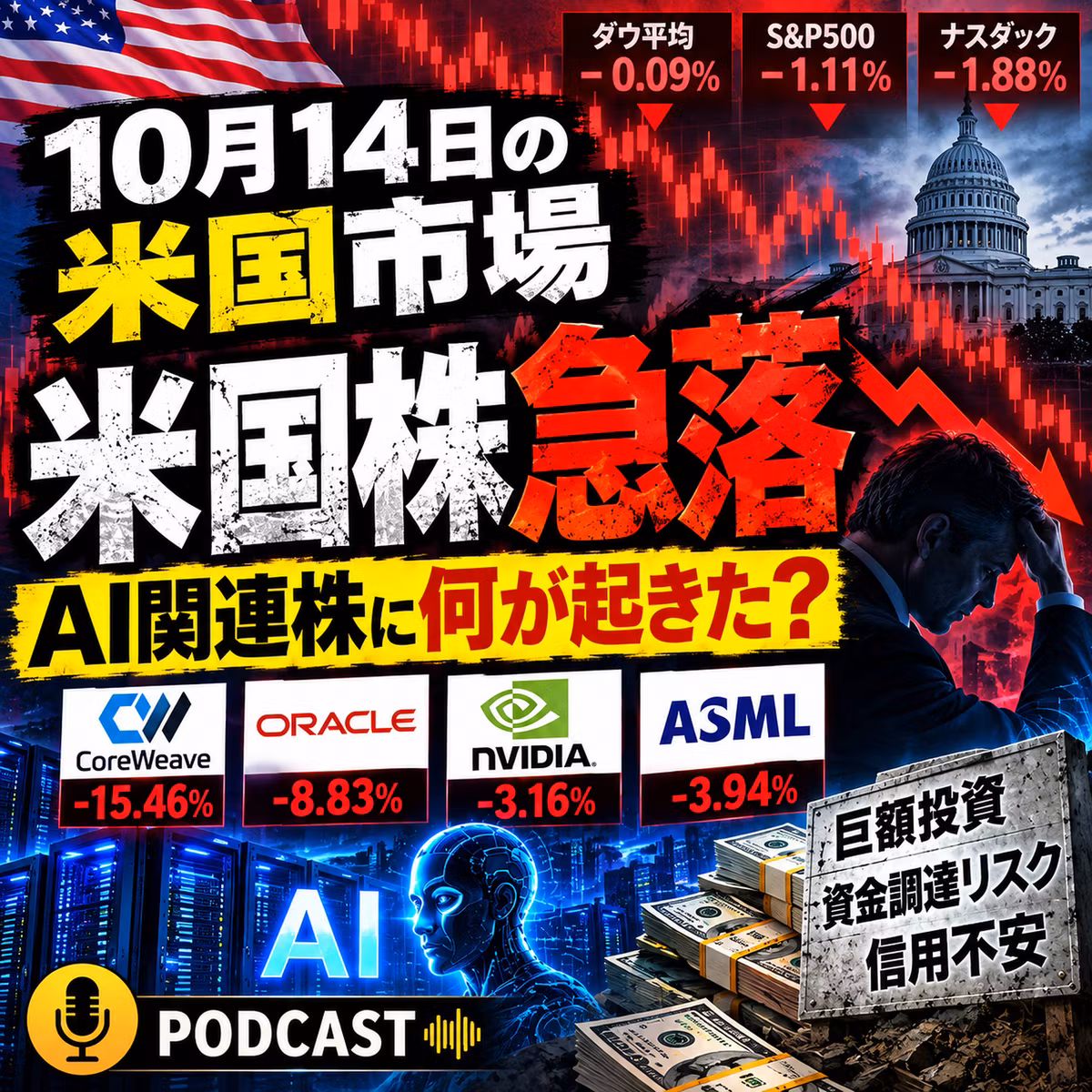 【米国株急落】AI関連株に何が起きた？コアウィーブ15%安、オラクルも急落｜10月14日の米国市場