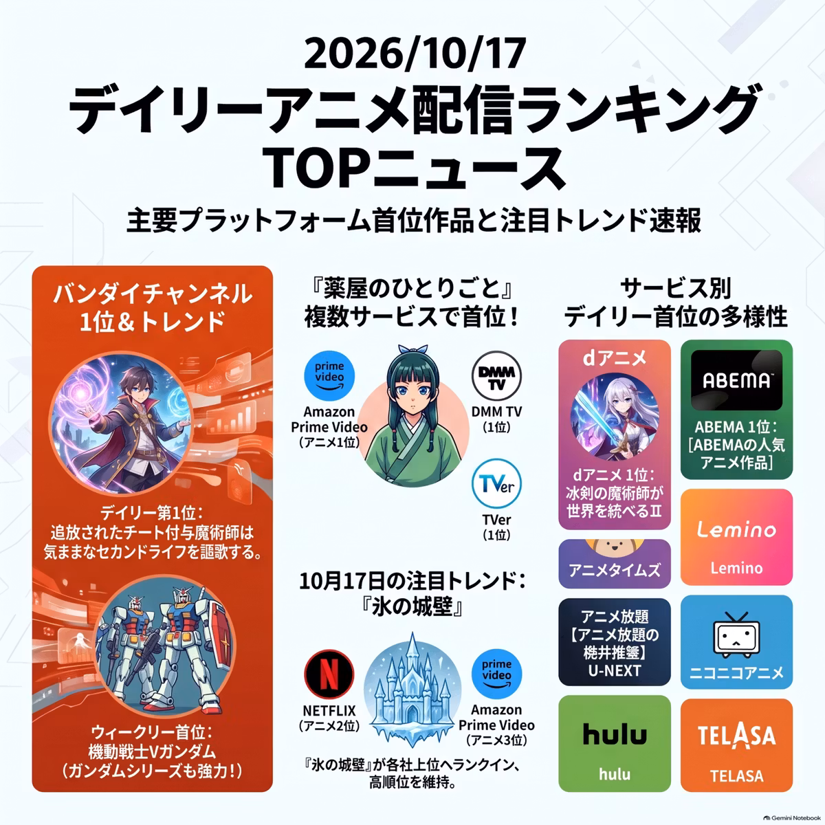 2026/10/17 - Daily SVOD Anime Ranking｜薬屋と追放系が強い秋アニメランキング