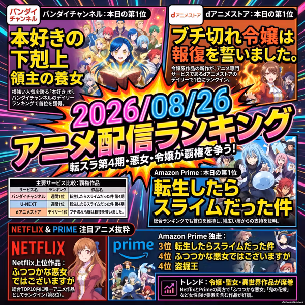 2026/08/26 - Daily SVOD Anime Ranking｜鉄鍋のジャンが最新作を抜いた理由