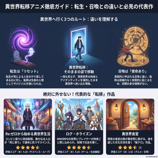 【アニメ解説】コンビニ帰りのまま異世界へ！「異世界転移」アニメの魅力と転生・召喚との違い