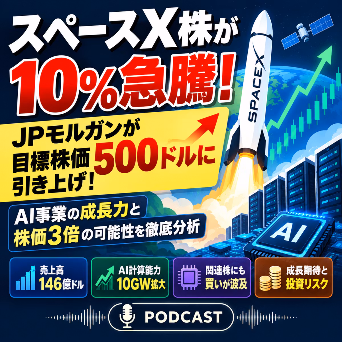 スペースX株が10%急騰！JPモルガンが目標株価500ドルに引き上げ！AI事業の成長力と株価3倍の可能性を徹底分析