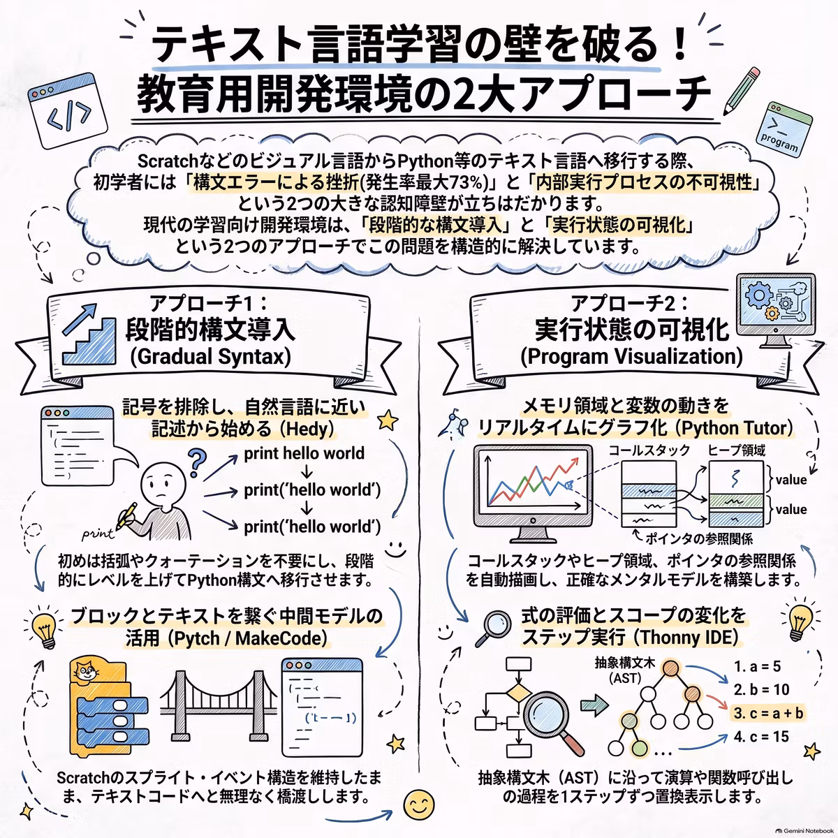 テキストベースプログラム言語の学習環境：ヘディ：子供のための段階的プログラミング言語(既存言語の学習向け開発環境)