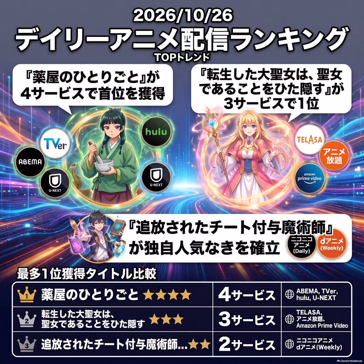 2026/10/26 - Daily SVOD Anime Ranking｜月曜朝のアニメランキングを動かすカラクリ