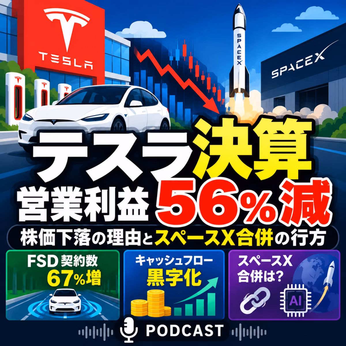 テスラ決算で営業利益56%減！株価下落の理由とスペースX合併の行方【TSLA・2026年Q3決算】
